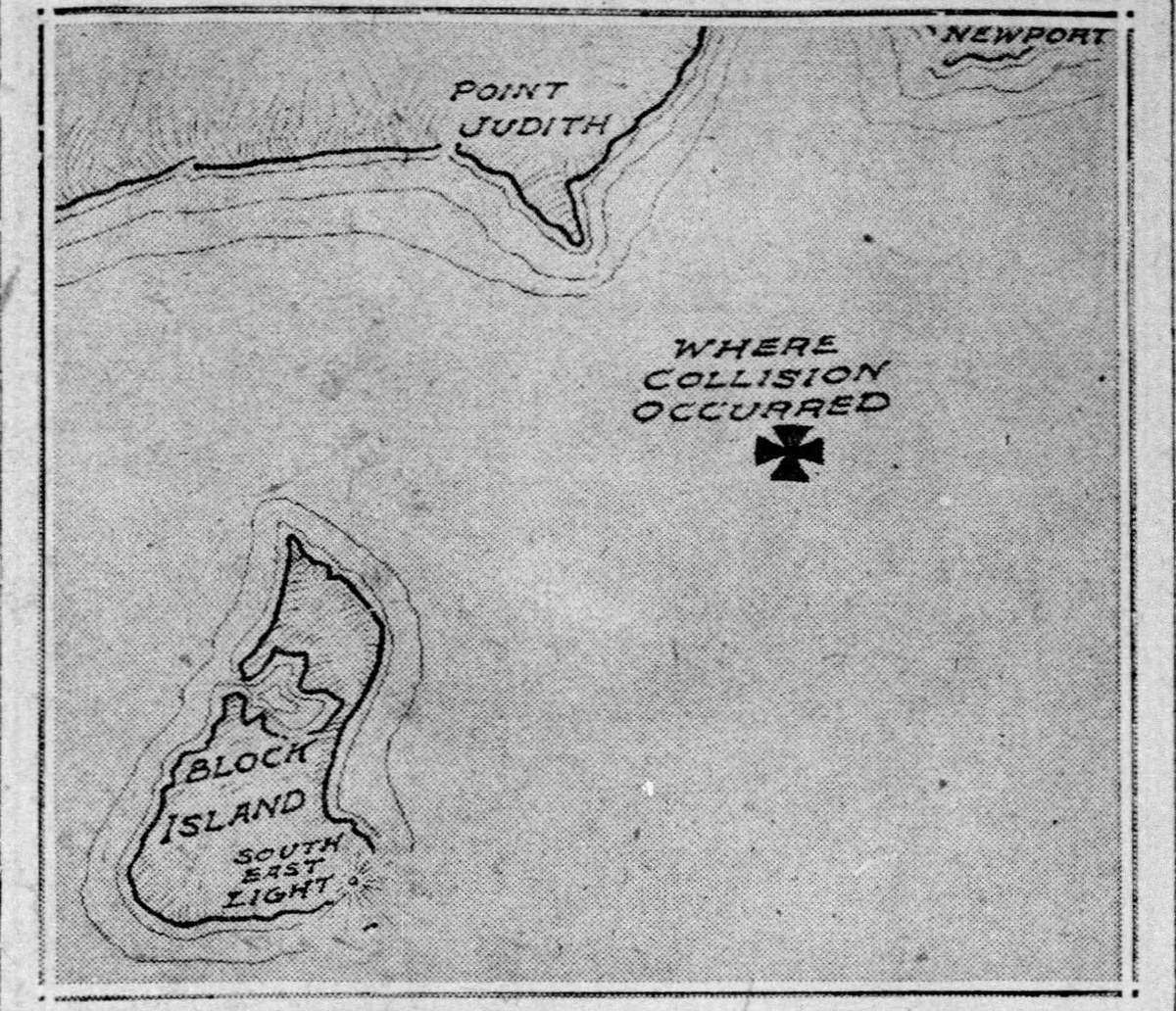 1925 newspaper map — where the S-51 went down off Block Island, between Point Judith and Newport